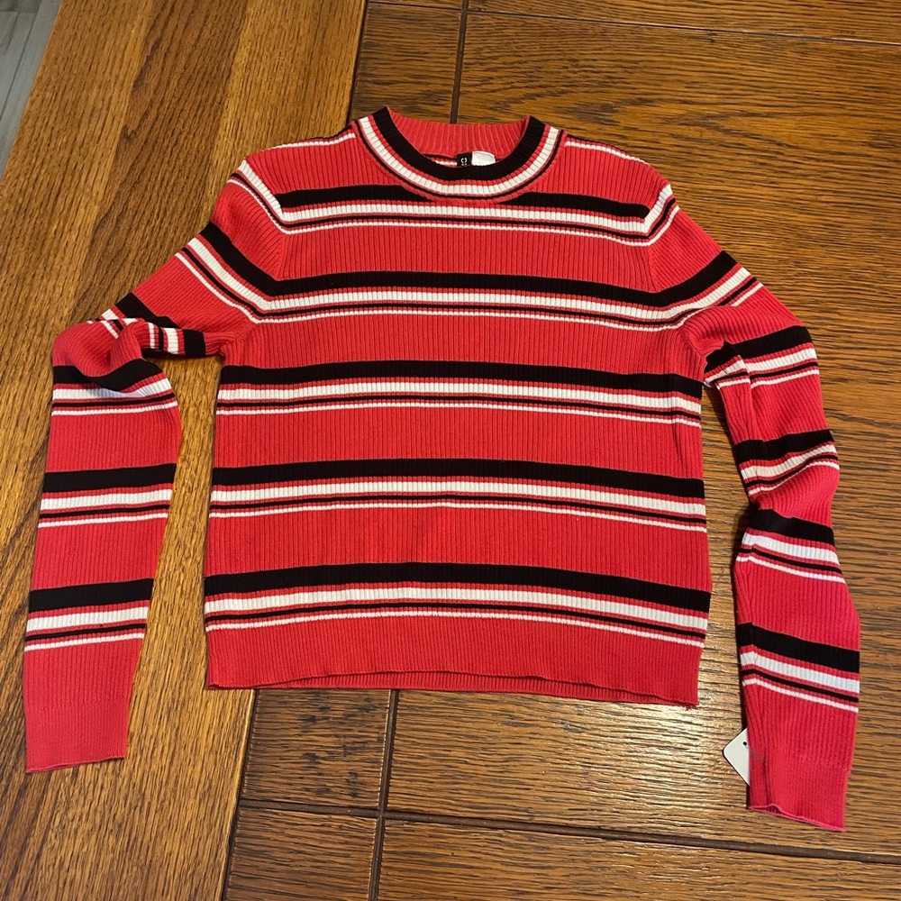 Divided Red Striped Ribbed Crewneck Sweater